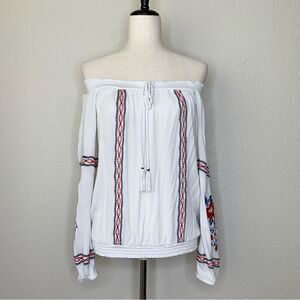 Xhilaration Off Shoulder White Textured Boho Embroidered Top